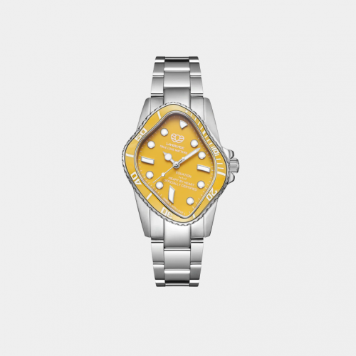 Часы LAARVEE PEA001 Silver Precision Steel: Yellow Ceramic Bezel & Yellow Dial