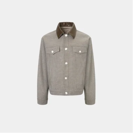 Куртка S45 Plaid Pearl Button Leather Lapel Jacket Brown