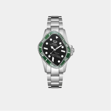 Часы LAARVEE PEA101 Silver Precision Steel: Green Ceramic Bezel & Black Dial