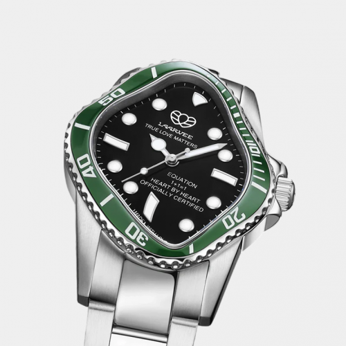 Часы LAARVEE PEA101 Silver Precision Steel: Green Ceramic Bezel & Black Dial
